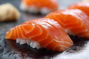 Sushi avec Saumon sur le plaque, Japonais aliments. ai généré., Japonais aliments. ai généré. photo