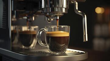 une professionnel café machine en train de préparer un Expresso café dans une verre tasse, ai génératif photo