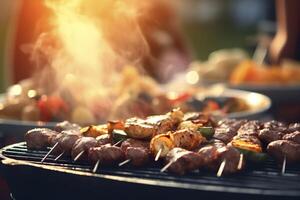 un barbecue nourriture fête été grillage Viande dans le après midi de fin de semaine content faire la fête. ai génératif photo