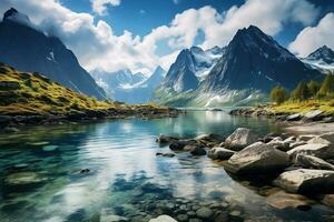 magnifique paysage transparent rivière avec une rocheux lit dans une vallée entre haute montagnes. généré ai photo