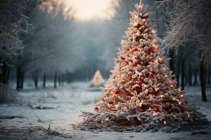 embrasé décoré Noël arbre dans neigeux hiver forêt à crépuscule. généré ai photo