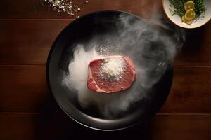 fermer Haut vue de Ingrédients œil de rond steak sur une tableau. ai généré. photo