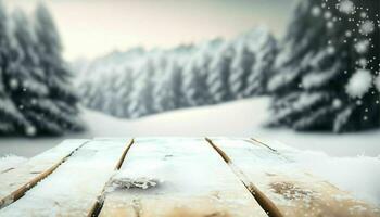 ai généré, Noël Contexte avec Noël arbre, cheminée et chute neige. flou Contexte photo