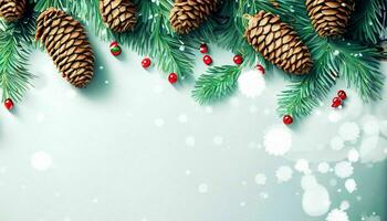 ai généré, Noël Contexte avec sapin arbre branches, flocons de neige et rouge baies sur bleu Contexte photo