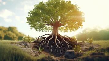 une arbre représenté avec ses les racines fermement planté dans le sol, génératif ai. photo