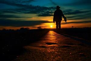 silhouette de une homme avec une vélo sur le route à le coucher du soleil ai généré photo