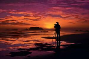 photographe avec caméra sur le plage à le coucher du soleil ai généré photo