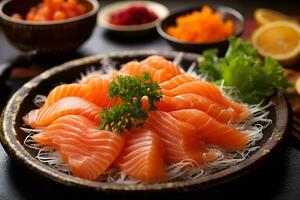 fermer Haut vue de Ingrédients sashimi ensemble, saumon, thon, Japonais aliments. ai généré. photo