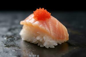 fermer Haut vue de Ingrédients saumon, Japonais aliments. ai généré. photo