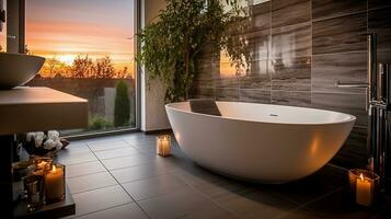 le salle de bains de une magnifique brillant moderne style maison. ai généré. photo