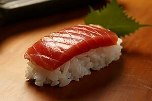 Sushi avec thon sur le plaque, Japonais aliments. ai généré. photo