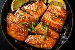 fermer Haut vue de Ingrédients grillé poulet, saumon, porc, Japonais aliments. ai généré. photo