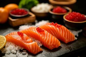 fermer Haut vue de Ingrédients Sushi avec saumon, Japonais aliments. ai généré. photo
