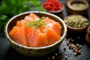 fermer Haut vue de Ingrédients sashimi ensemble, saumon, thon, Japonais aliments. ai généré. photo
