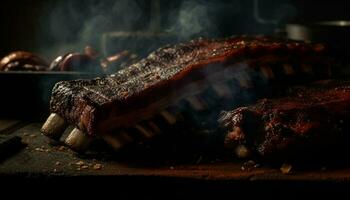 grillé porc steak, cuit à la perfection plus de charbon généré par ai photo