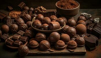 foncé Chocolat truffes empilés sur rustique table généré par ai photo