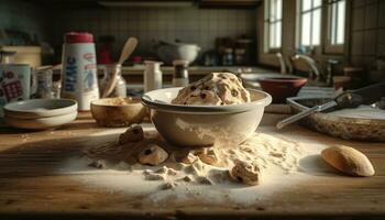 fraîchement cuit biscuits sur rustique en bois table généré par ai photo