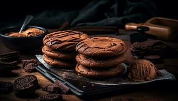une empiler de fait maison Chocolat puce biscuits sur une rustique table généré par ai photo