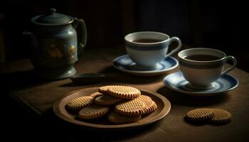 une empiler de fait maison Chocolat puce biscuits sur une rustique table généré par ai photo