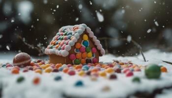 fait maison pain d'épice biscuit, sucré flocon de neige décoration, mignonne bonhomme de neige, rafraîchissant casse-croûte généré par ai photo