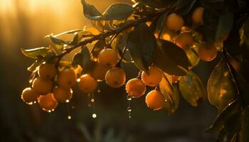 fraîcheur de l'automne mûr agrumes fruit en dessous de le vibrant le coucher du soleil généré par ai photo