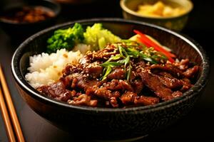 fermer Haut vue de Ingrédients Viande grillé, porc, poulet et riz, Japonais aliments. ai généré. photo