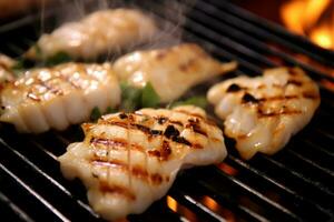 fermer Haut vue de Ingrédients grillé poulet, saumon, porc, Japonais aliments. ai généré. photo