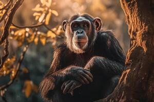 chimpanzé dans nature, nationale géographie, large la vie animaux. ai généré. photo