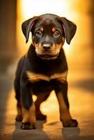 très mignonne chiot rottweiler dans nature, nationale géographie, large la vie animaux. ai généré. photo