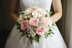 une magnifique la mariée en portant sa rose et blanc mariage bouquet photo