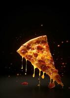 chaud savoureux Pizza avec Feu flammes sur foncé Contexte. image pour menu ou affiche. ai génératif photo