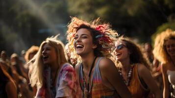 Jeune femmes avec copains ayant une très bien temps à Extérieur concert, baigné dans après midi lumière, ai génératif photo