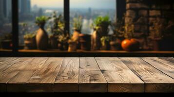 Naturel chêne en bois table maquette - de face vue de vide Vide bois tableau, idéal pour produit placement avec une floue Contexte. photo