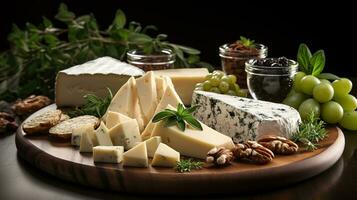 désordonné tranches de fromage, Couper dans différent formes sur en bois assiettes, ensemble sur une captivant noir arrière-plan, une culinaire plaisir, ai génératif photo