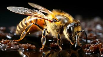 fermer de une les abeilles yeux - frappant noir œil et vibrant Orange corps sur une captivant noir arrière-plan, capturer la nature beauté photo