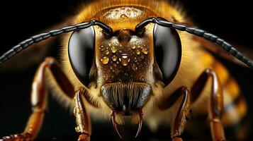 fermer de une les abeilles yeux - frappant noir œil et vibrant Orange corps sur une captivant noir arrière-plan, capturer la nature beauté photo