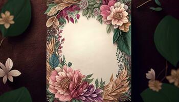 une floral Cadre avec fleurs sur il, épanouissement l'amour magnifique floral mariage invitation bannière, génératif ai photo