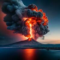 volcan éruption avec massif haute éclats de lave et chaud des nuages planant haute dans le ciel, pyroclastique couler photo