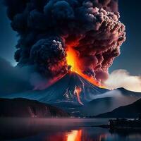 volcan éruption avec massif haute éclats de lave et chaud des nuages planant haute dans le ciel, pyroclastique couler photo