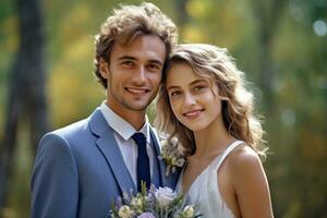 ai génératif photo portrait de une couple sur mariage journée