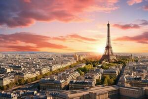 Eiffel la tour et Seine rivière à coucher de soleil, Paris, France, aérien panoramique vue de Paris avec Eiffel la tour à coucher de soleil, France, ai généré photo