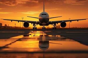 avion dans le aéroport à le coucher du soleil avec réflexion sur le sol. une grand jetliner prise atterrissage un aéroport piste à le coucher du soleil ou Aube avec le atterrissage équipement bas, ai généré photo