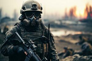 portrait de une spécial les forces soldat dans une gaz masque sur le champ de bataille, une orienté en haut armée soldat des stands et regards à le Champ de guerre, ai généré photo