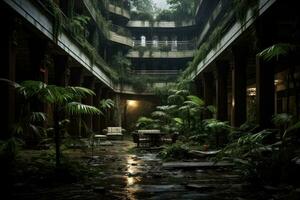 3d le rendu de une tropical jardin dans le nuit avec une banc, abandonné Hôtel dans le milieu de une perdu ville, ai généré photo