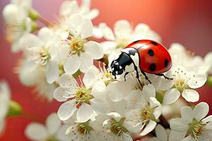 coccinelle sur une branche de Cerise fleurs dans le printemps. une magnifique coccinelle séance sur une blanc fleur, ai généré photo