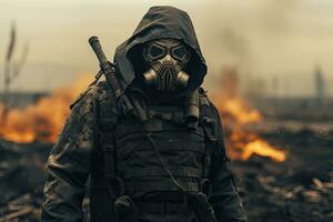 portrait de une spécial les forces soldat dans une gaz masque sur le champ de bataille, une orienté en haut armée soldat des stands et regards à le Champ de guerre, ai généré photo