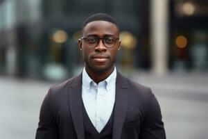 afro américain homme d'affaire avec des lunettes dans une rue Contexte photo