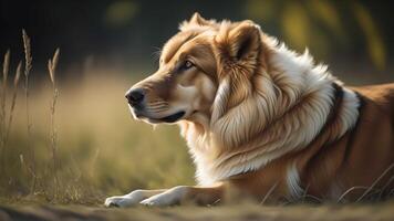 portrait de une magnifique australien berger chien mensonge dans le herbe. génératif ai photo