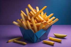 appétissant français frites sur le en bois tableau, fermer photo