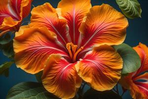 Orange hibiscus fleur sur foncé arrière-plan, fermer. génératif ai photo